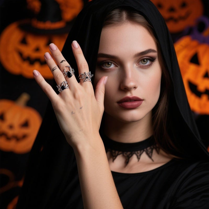 ANGLEQUEEN Punk Halloween Spider Rings for Women Knuckle Black Spider Web Bat Ring Gothic Vintage Dark Crystal Ring Red Rhinestone Statement Rings Halloween Witch Jewelry - Image 2
